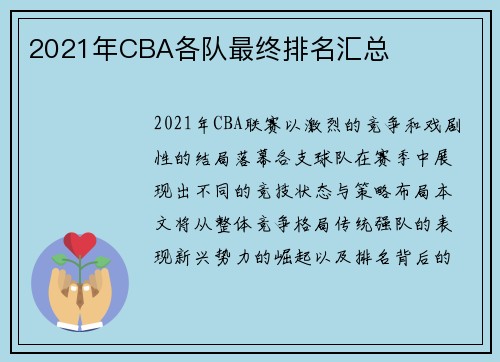 2021年CBA各队最终排名汇总