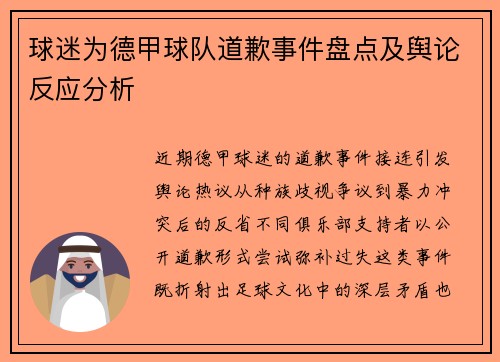 球迷为德甲球队道歉事件盘点及舆论反应分析